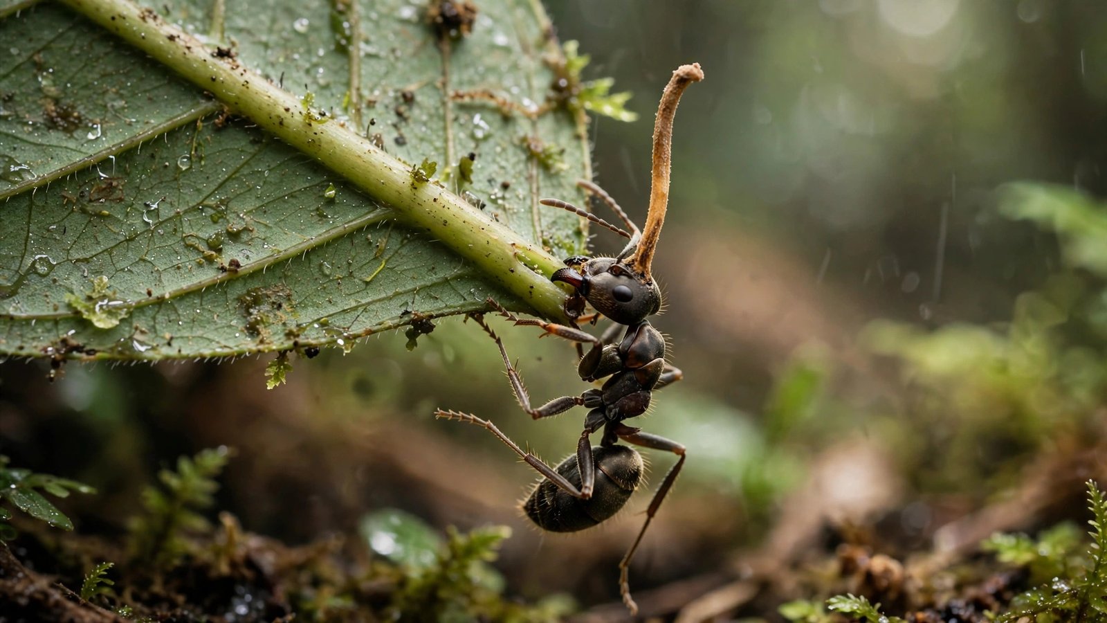Carpenter ant infected with zombie ant fungus in a death grip on a leaf vein, with a fungal stalk growing from its head