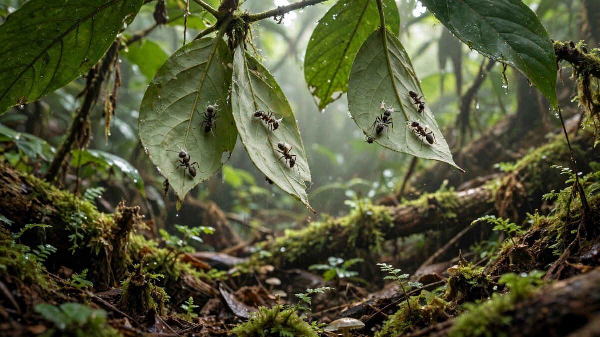 Graveyard of carpenter ants killed by zombie ant fungus attached to leaves in a tropical forest understory