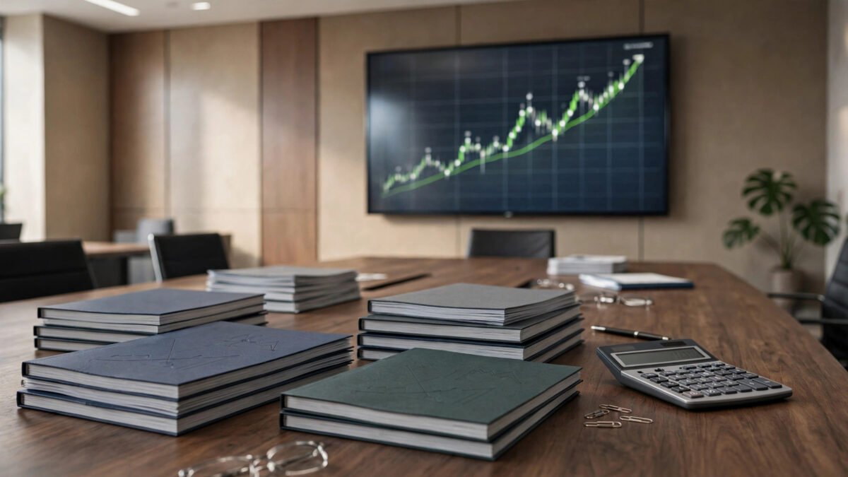 Boardroom with annual reports and a stock chart, illustrating the fundamental research behind Private Market Value and Peter Lynch stock picking