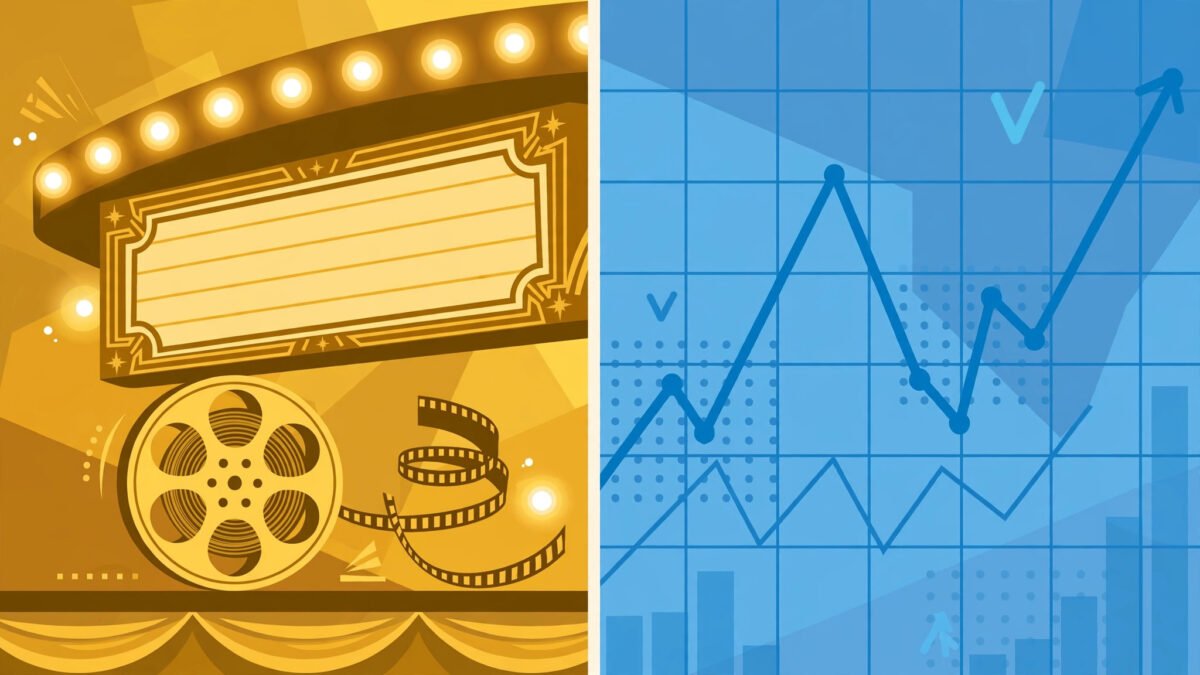 Split illustration of a cinema marquee and a stock market chart comparing entertainment wealth and finance wealth