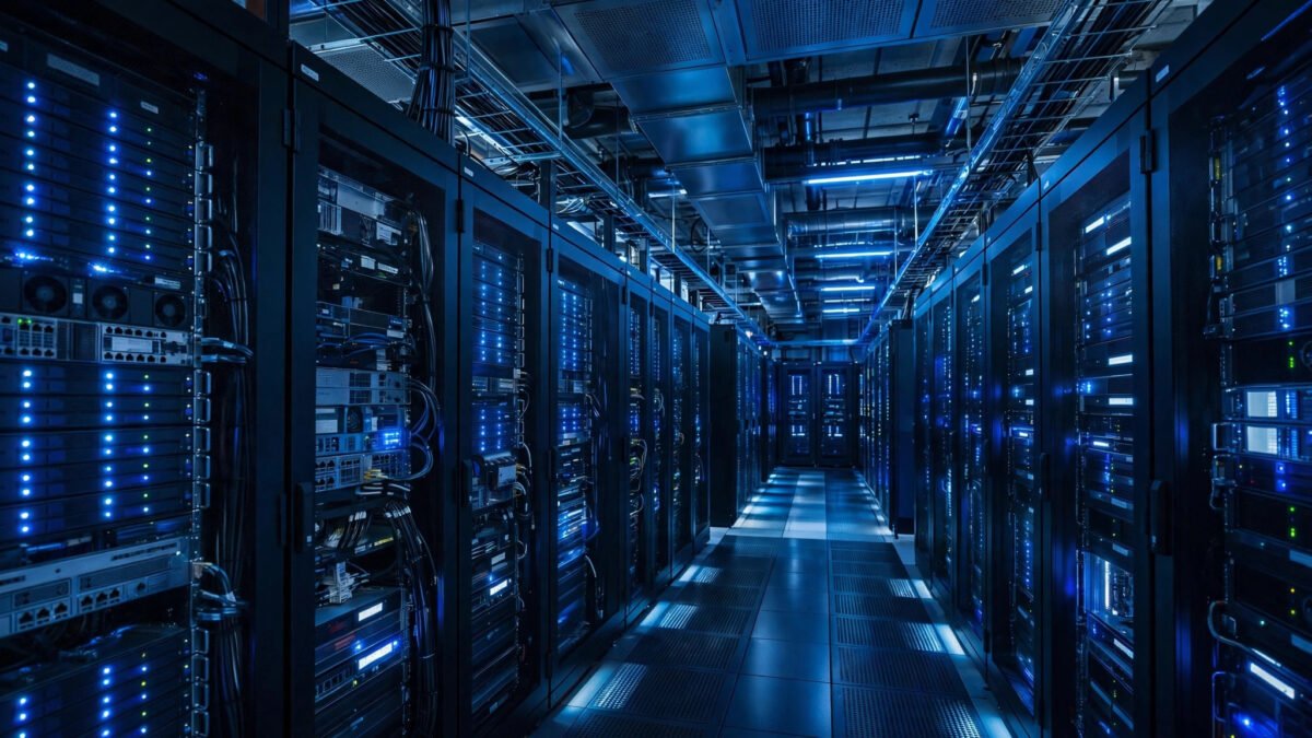 Illuminated server rows in a modern cloud data centre representing enterprise software and AI infrastructure