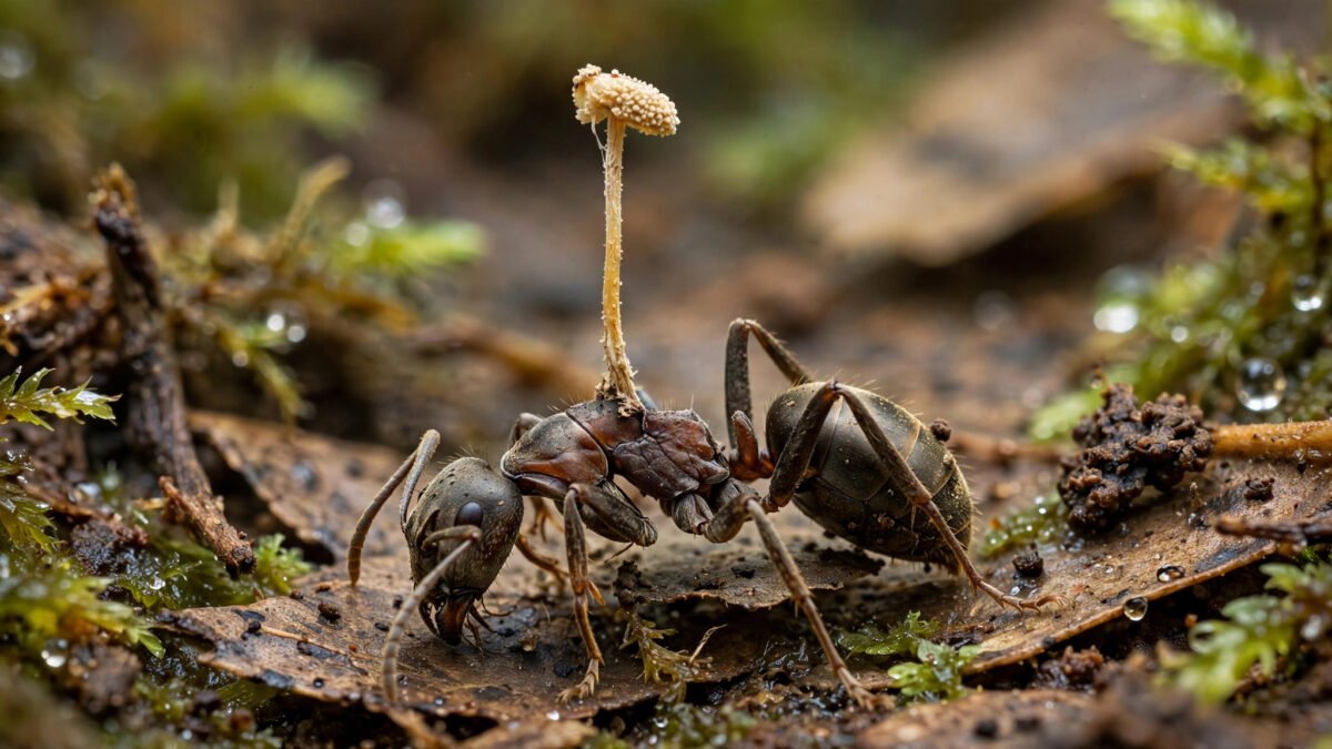 Fungal fruiting body of the zombie ant fungus growing from a dead carpenter ant on the forest floor