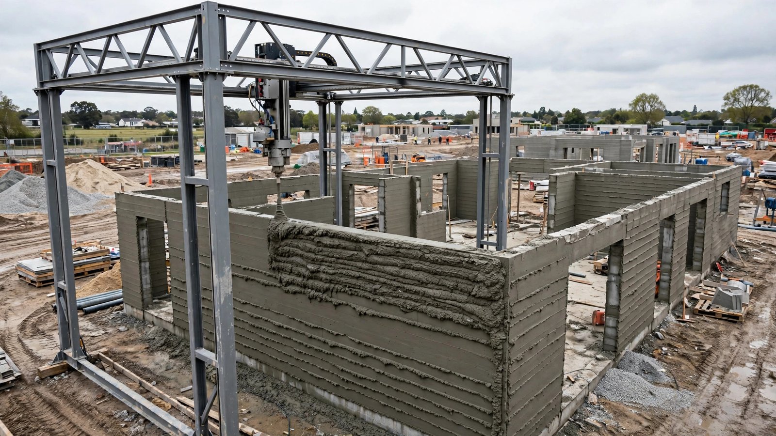 Gantry 3D printer extruding concrete layers to build the walls of a 3D printed house on site