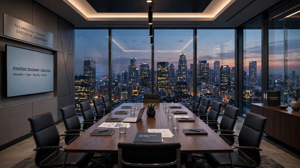Modern corporate boardroom overlooking a city skyline, symbolising technology company executive leadership
