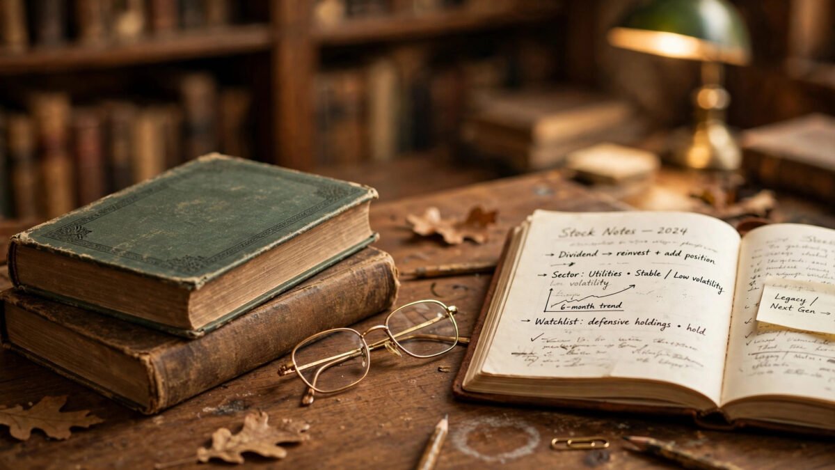 Classic investing books and handwritten research notes on a desk, representing the books and legacies of Mario Gabelli and Peter Lynch