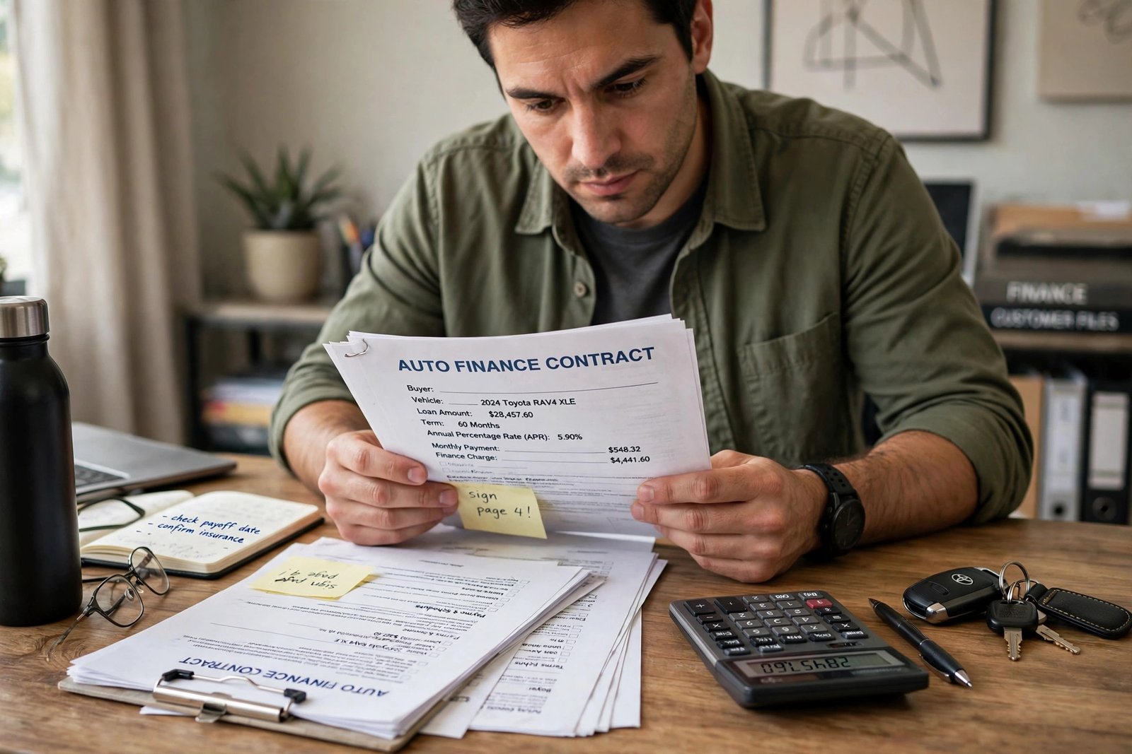 Car buyer reading an auto loan contract and checking the total cost before signing a no credit check deal