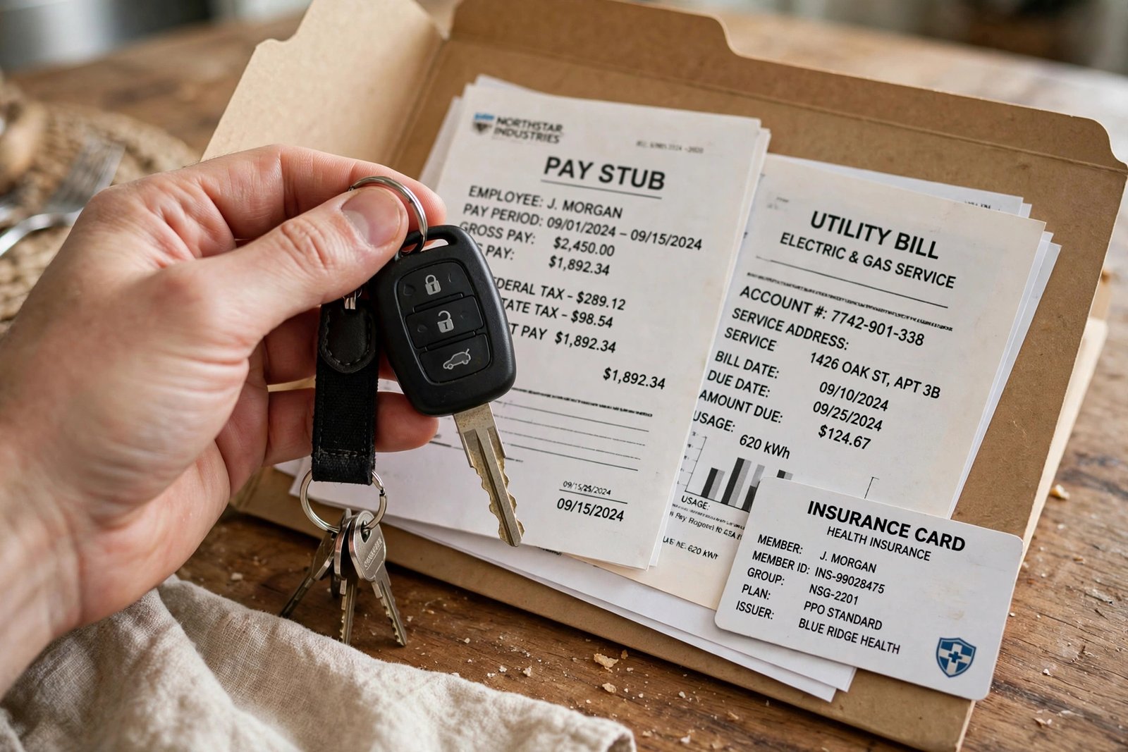 Documents needed for a buy here pay here car purchase including pay stub, proof of address, insurance, and car keys