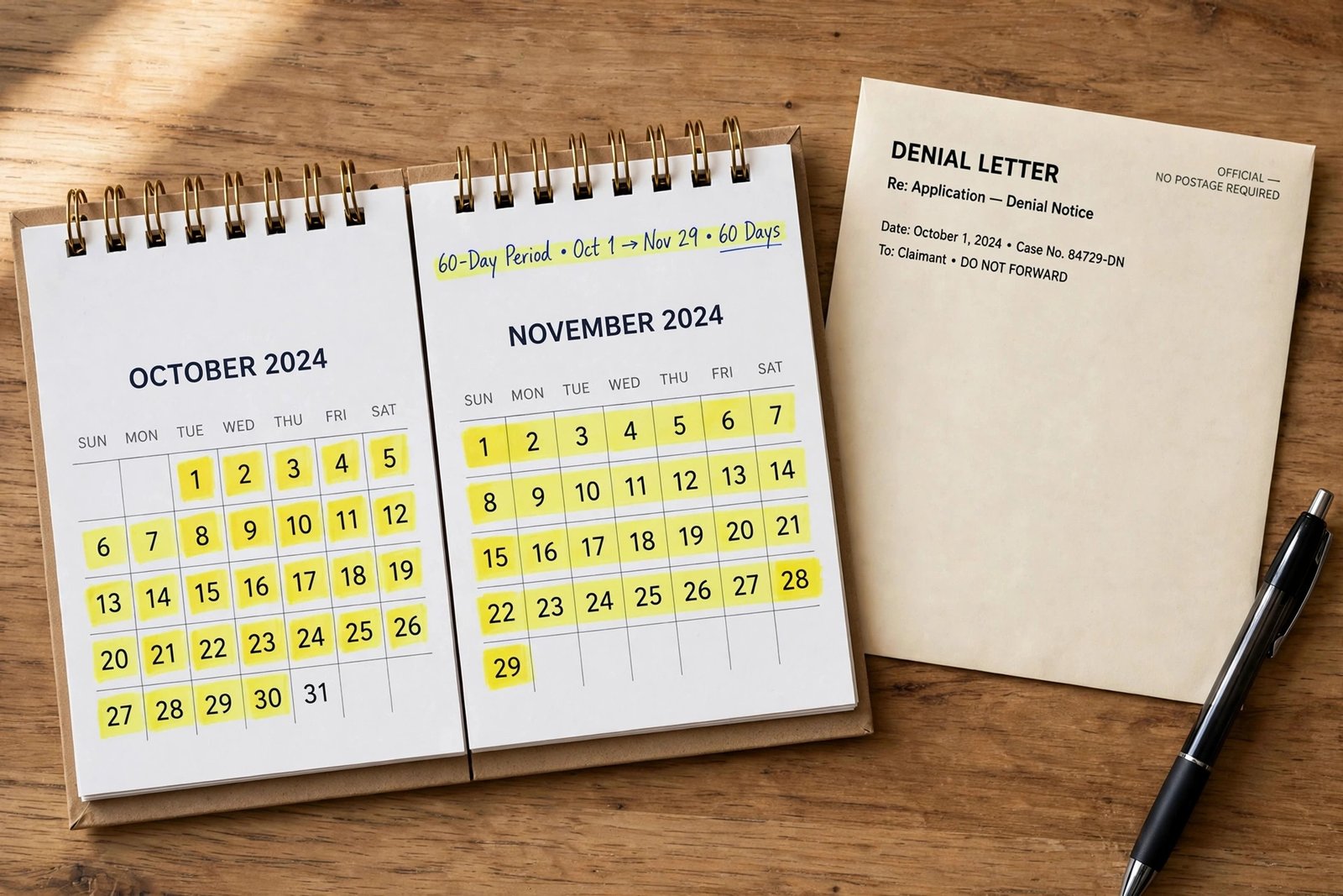 Illustration of a calendar highlighting a 60-day appeal deadline next to a Social Security denial letter envelope