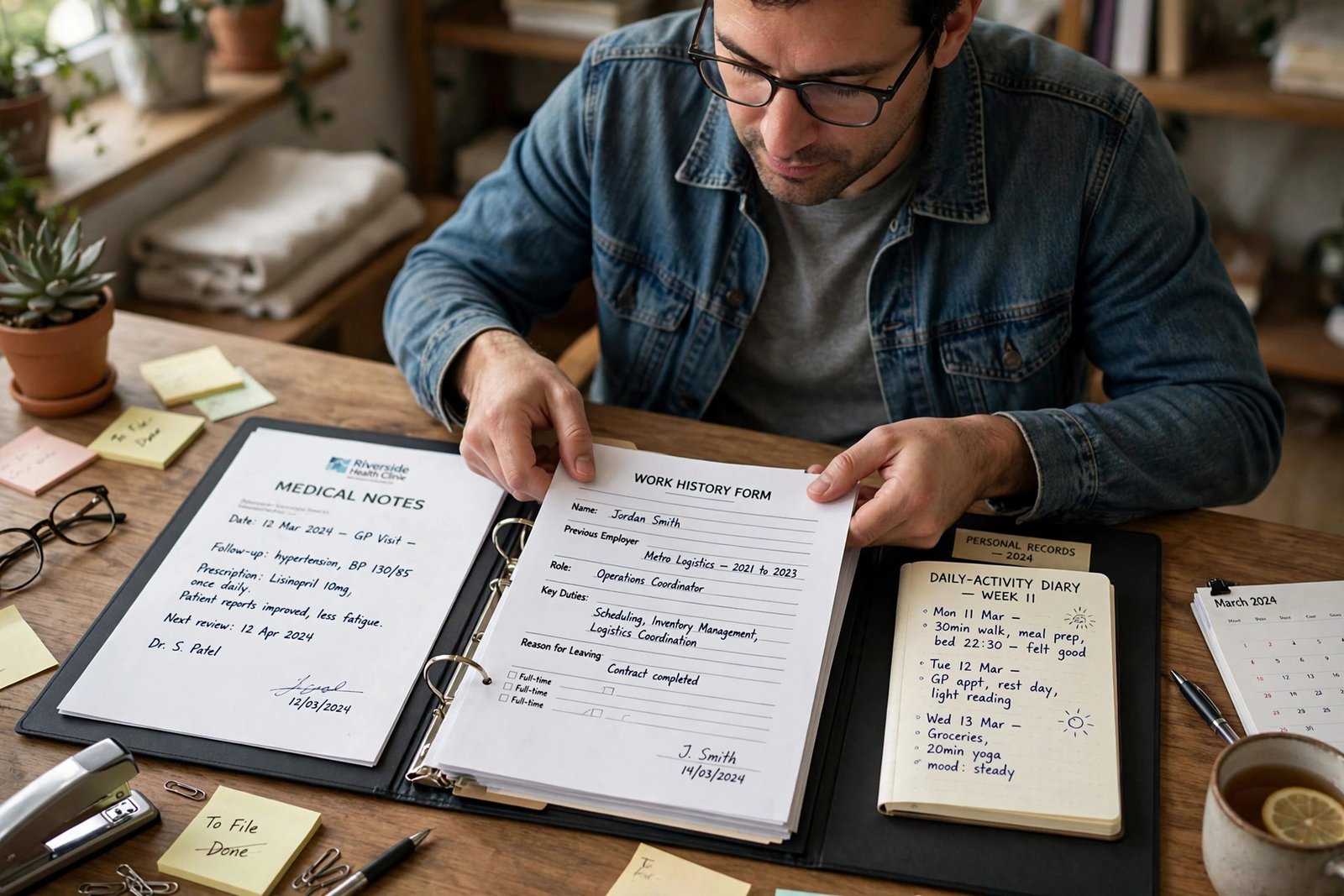 Illustration of an applicant organising medical notes, work history forms and a daily activity diary before filing a disability claim