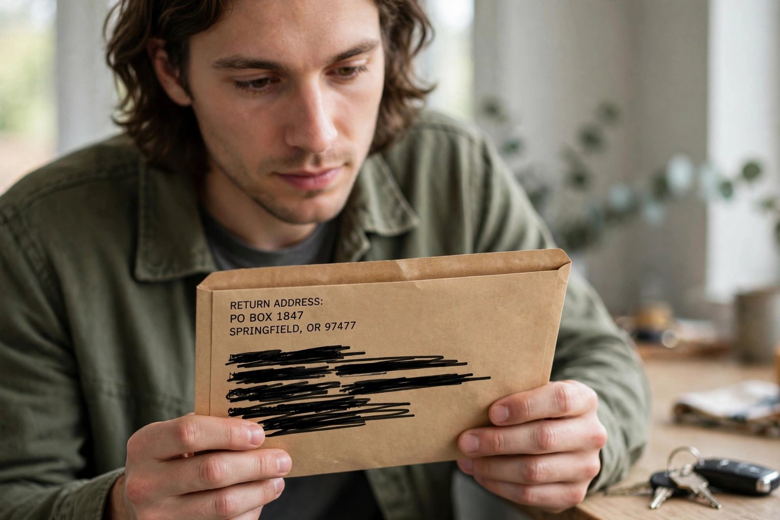 Envelope with a PO Box 4115 Concord CA return address being checked before opening