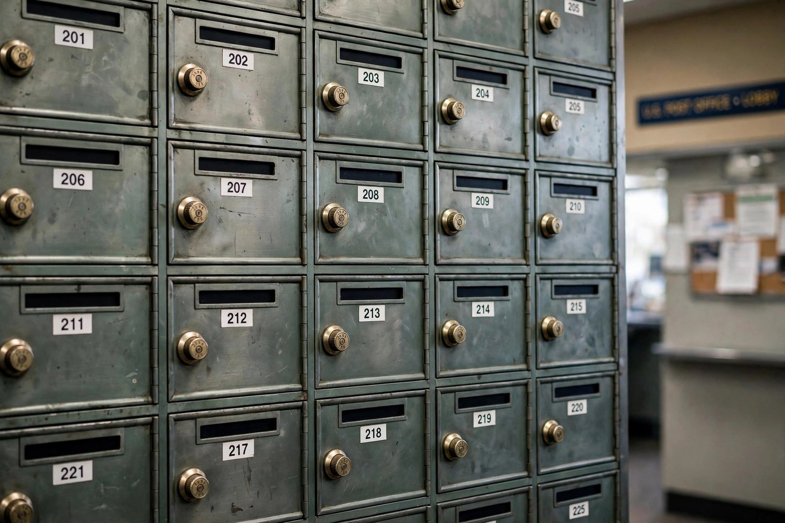 Rows of locked numbered PO Boxes inside a USPS post office lobby in Concord California