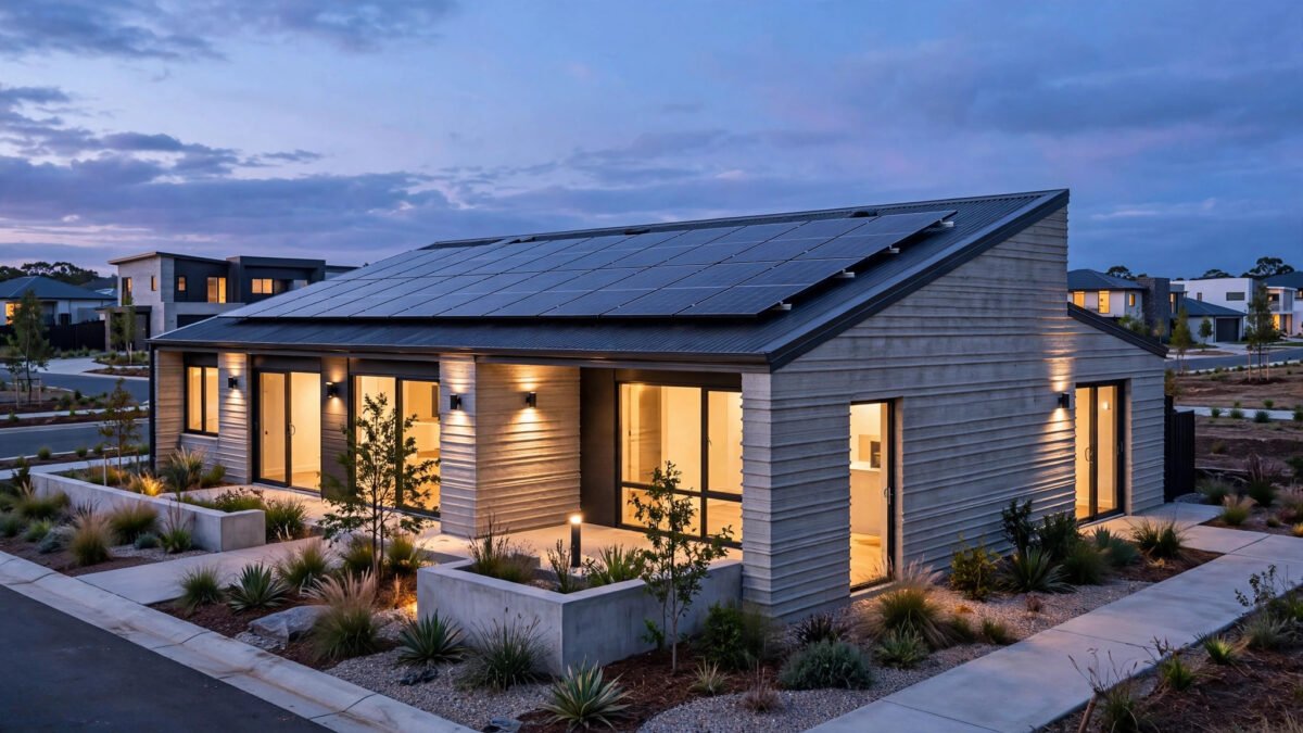 Completed 3D printed house with metal roof and rooftop solar panels in a residential neighbourhood