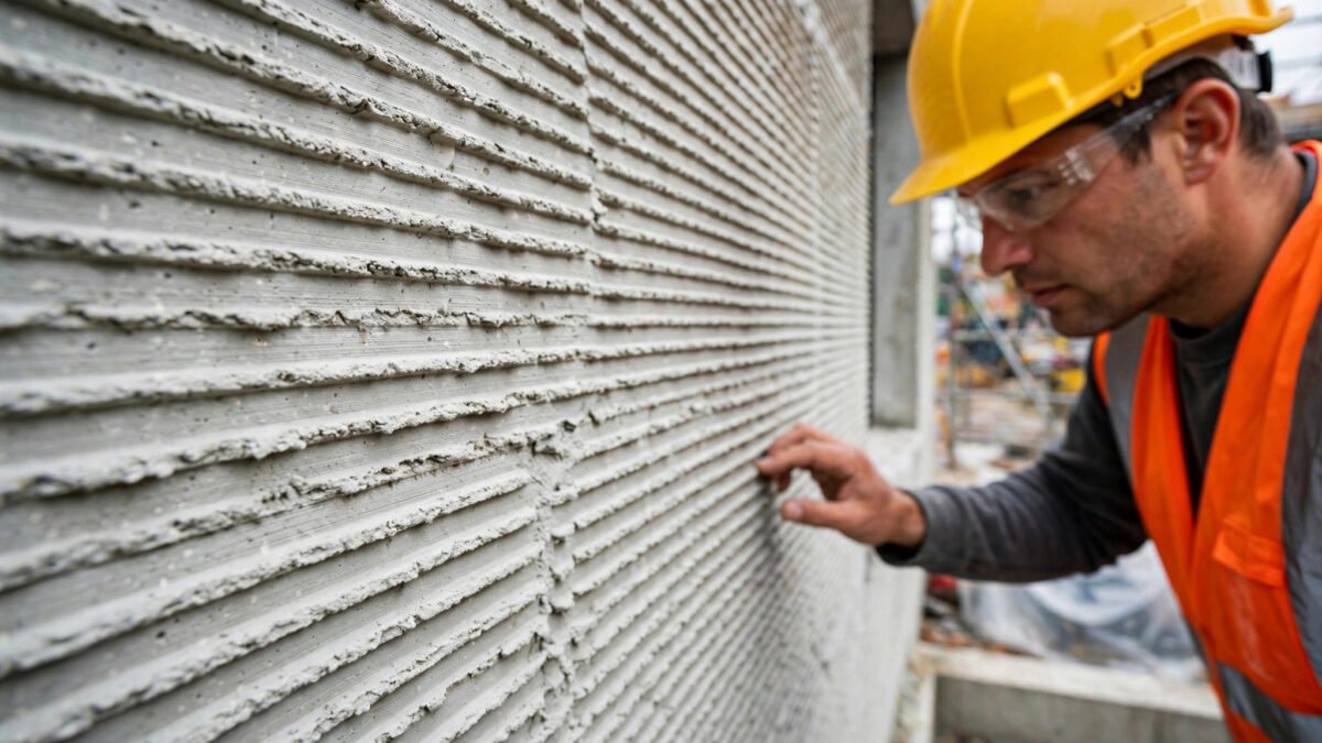 Close-up of layered concrete wall of a 3D printed house showing ribbed printed texture