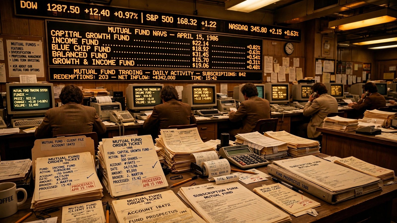 Vintage Wall Street trading floor with stock ticker boards representing 1980s mutual fund investing