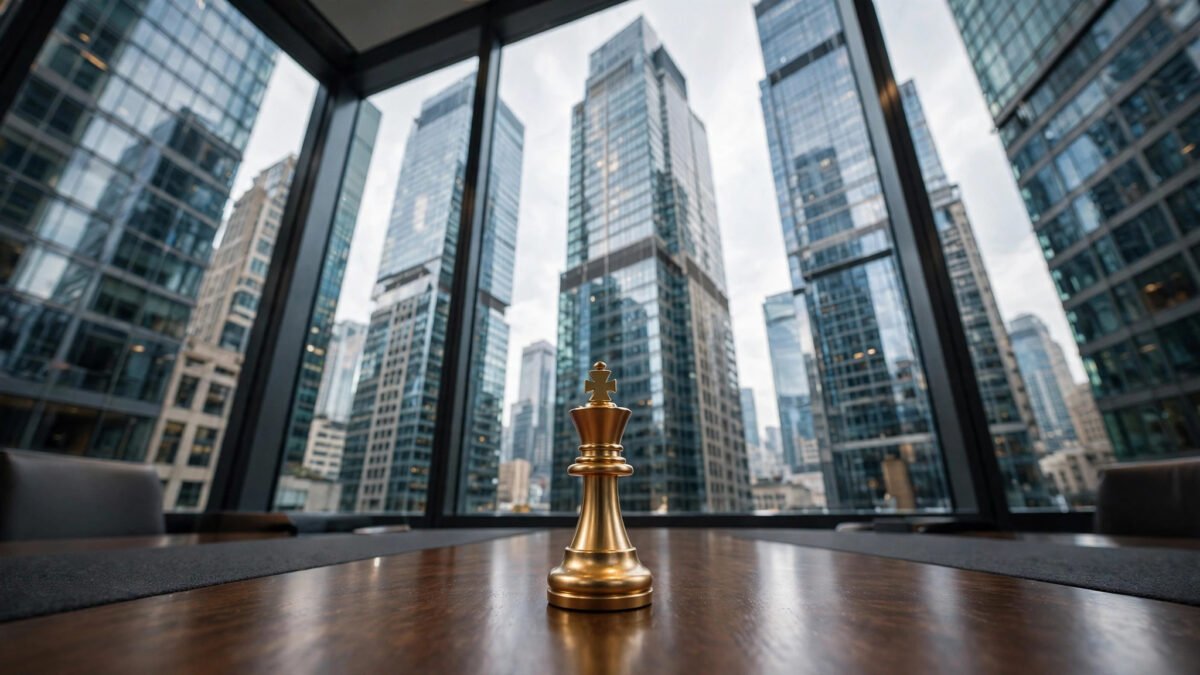 Financial district skyscrapers and a chess piece on a boardroom table representing Carl Icahn's career as a Wall Street activist investor