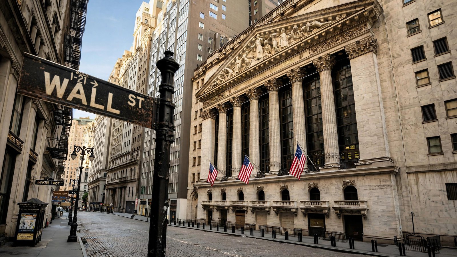Wall Street sign in front of the New York Stock Exchange, representing the world of value investors Mario Gabelli and Peter Lynch